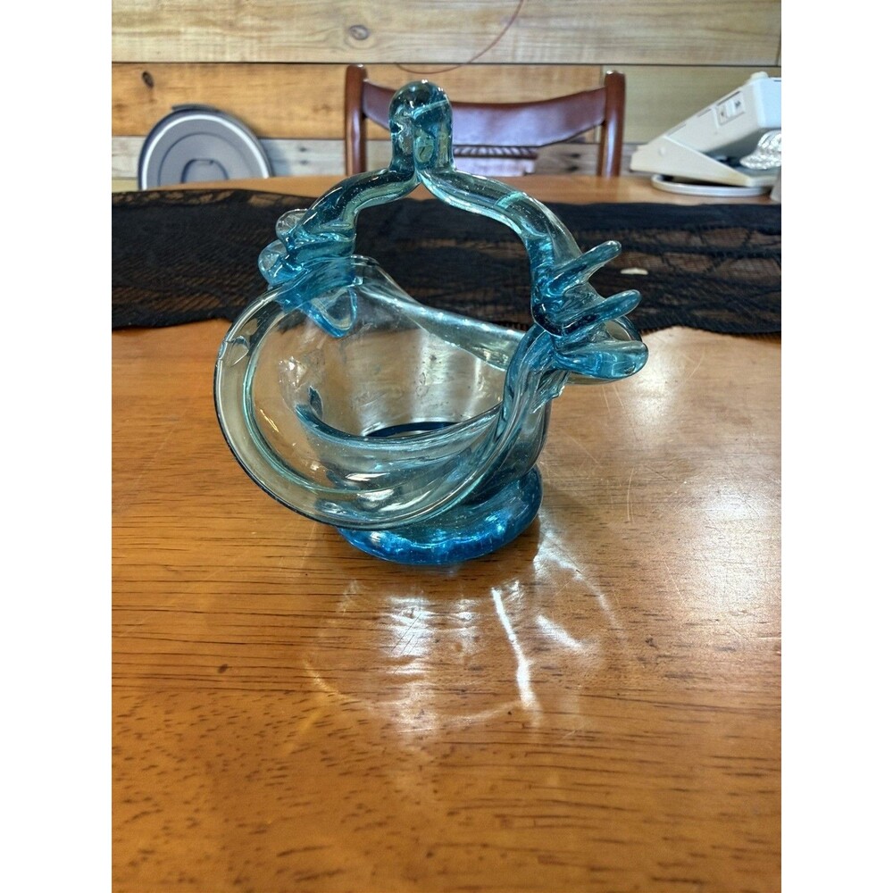 Hand Blown Blue Art Glass Footed Basket Twisted Applied Handle & Base